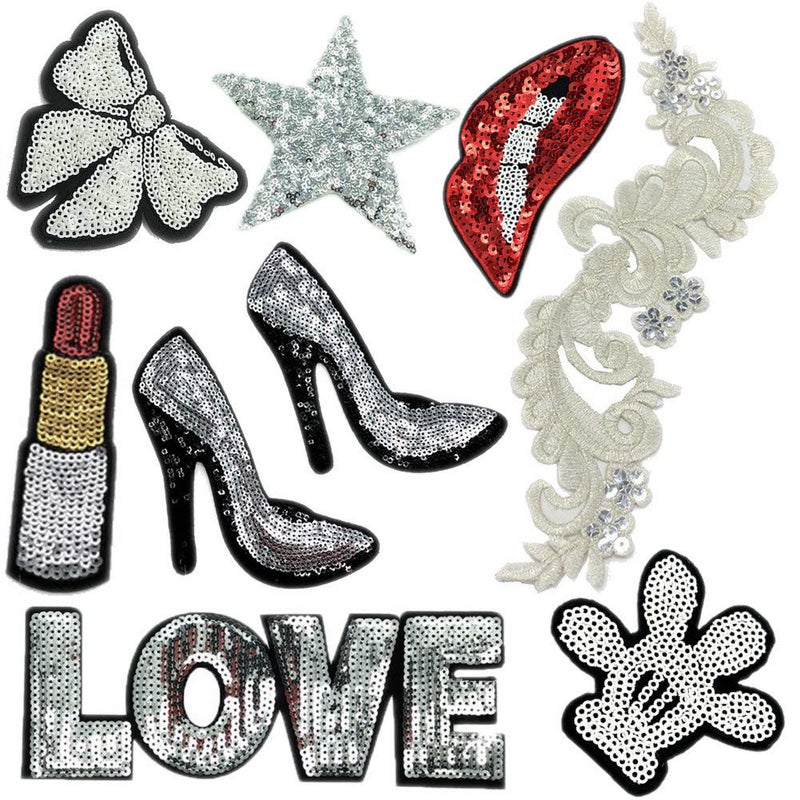 TATEELY 9 Pcs Sliver Embroidered Patches Lip/Lipstick Flower Iron On Patch Sewing On Sequins DIY Clothes Applique Garment Motif Woman Girl Brand Patch (Sliver (9pcs)) - Image 1